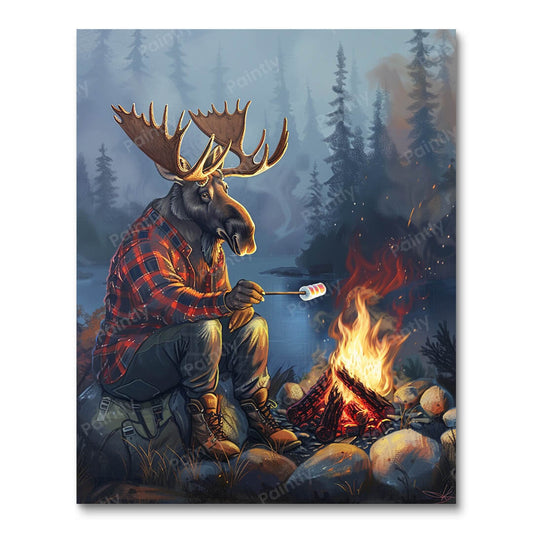 Moose Roasting Marshmallows at Campfire (Paint by Numbers)
